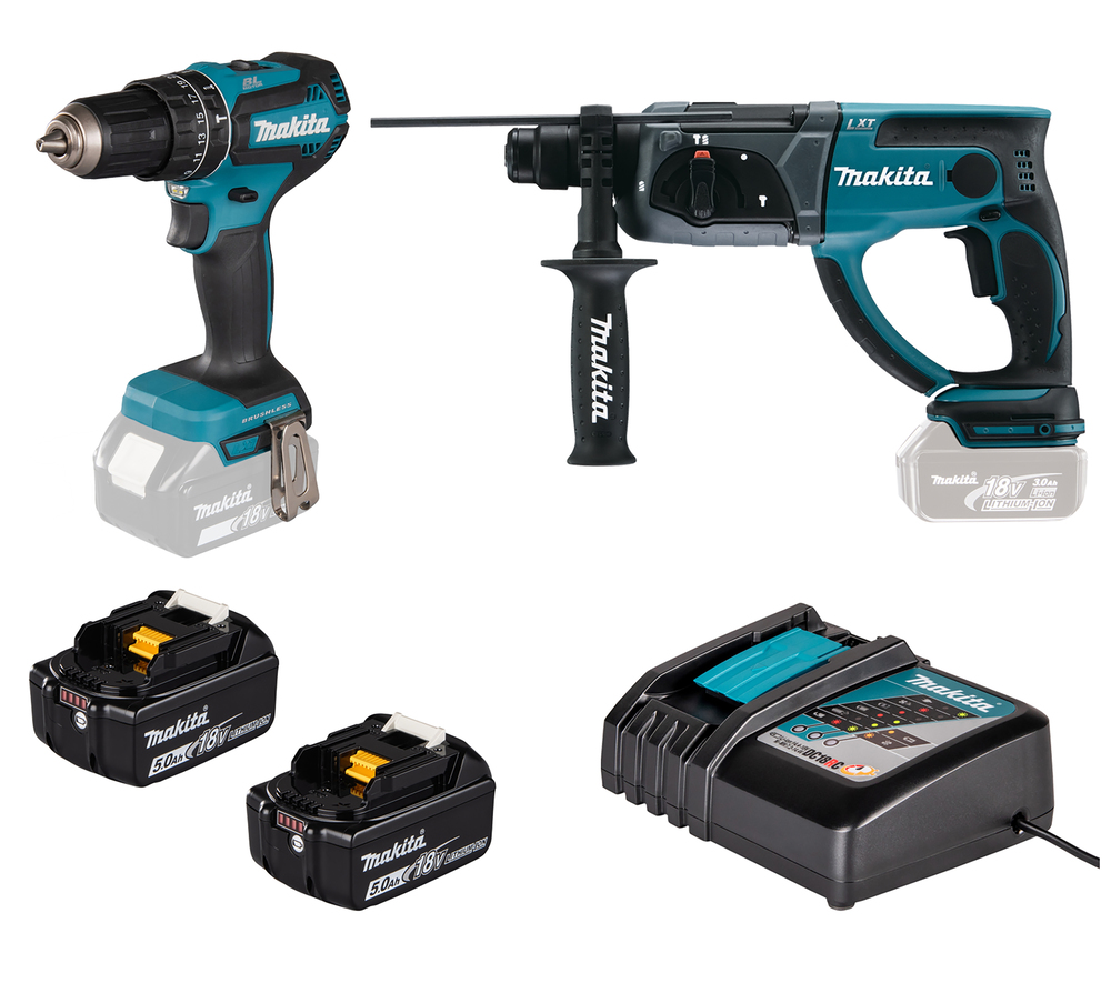 Combo Makita LXT 18V DLX2556T – Taladro Percutor DHP485Z + Martillo Ligero DHR202Z + 2× Baterías 5.0 Ah + Cargador Rápido