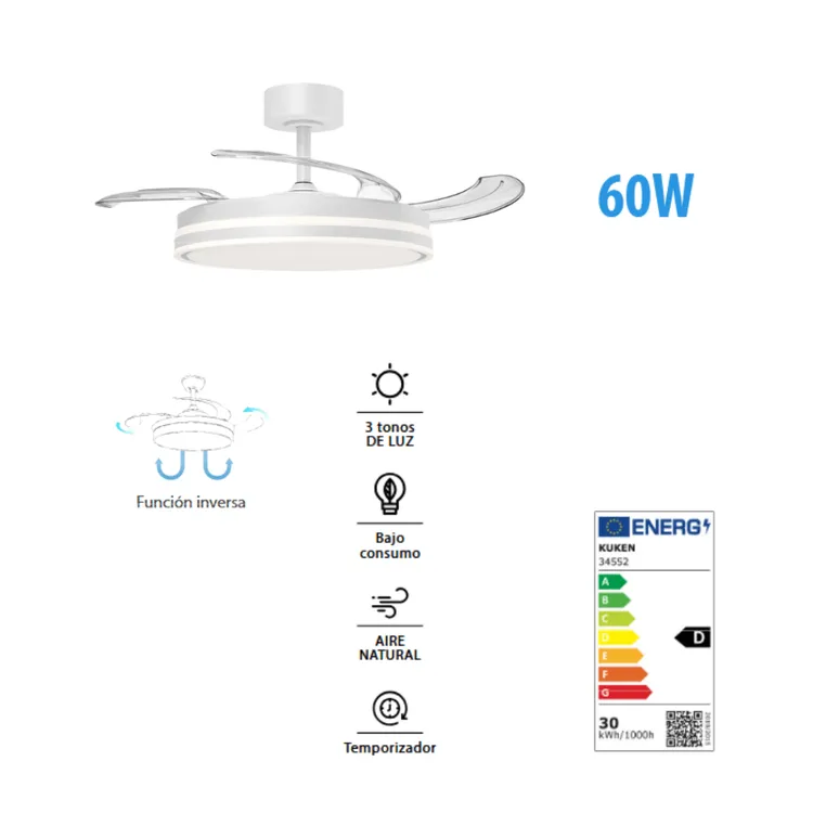 Ventilador de Techo LED 60W 3 Aspas Retráctiles Blanco Kuken - Imagen 2