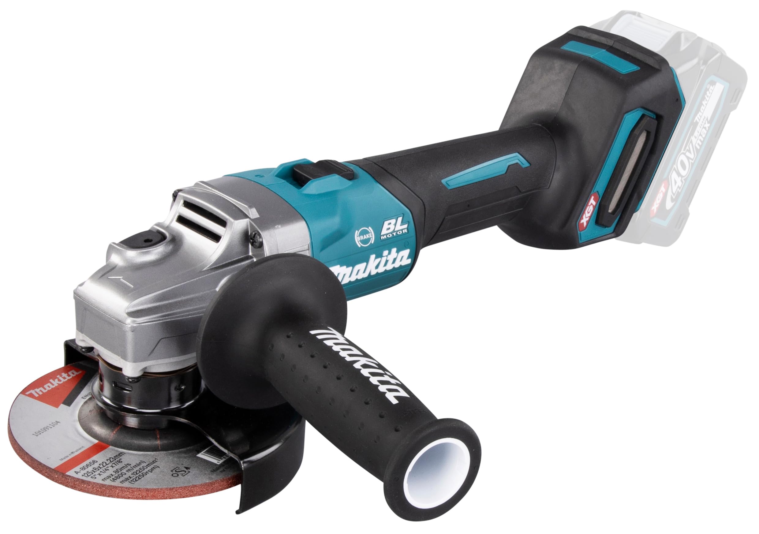 Compra la Makita GA005GZ 40V Max XGT. Amoladora angular profesional de 125 mm con motor Brushless, sistema AFT anti-retroceso, freno eléctrico y protección XPT.
